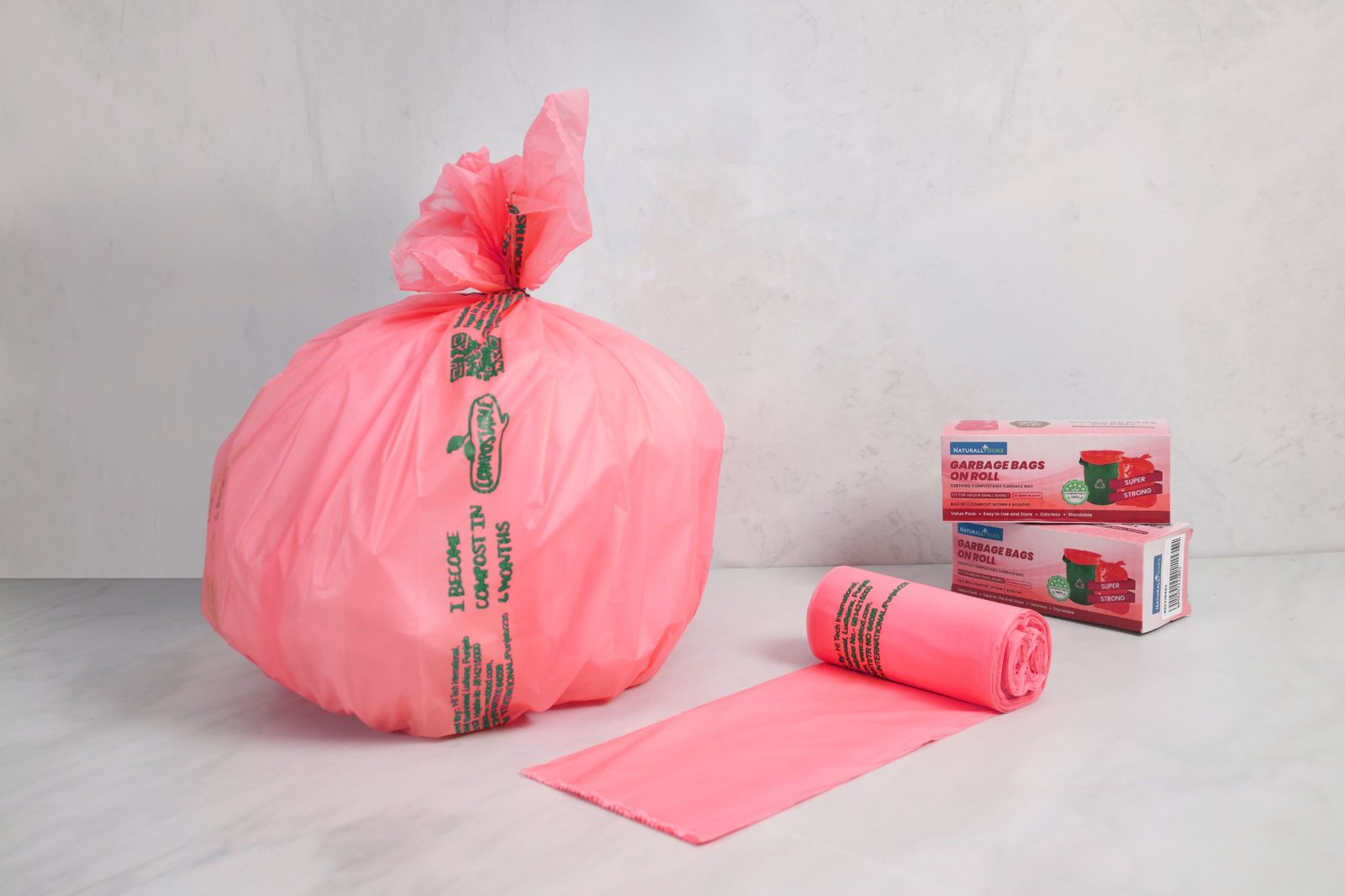 NATURALLYOURS Certified Compostable Garbage Bags on Roll, 18 × 21 Inches, Red, 1 Roll/20 Bags