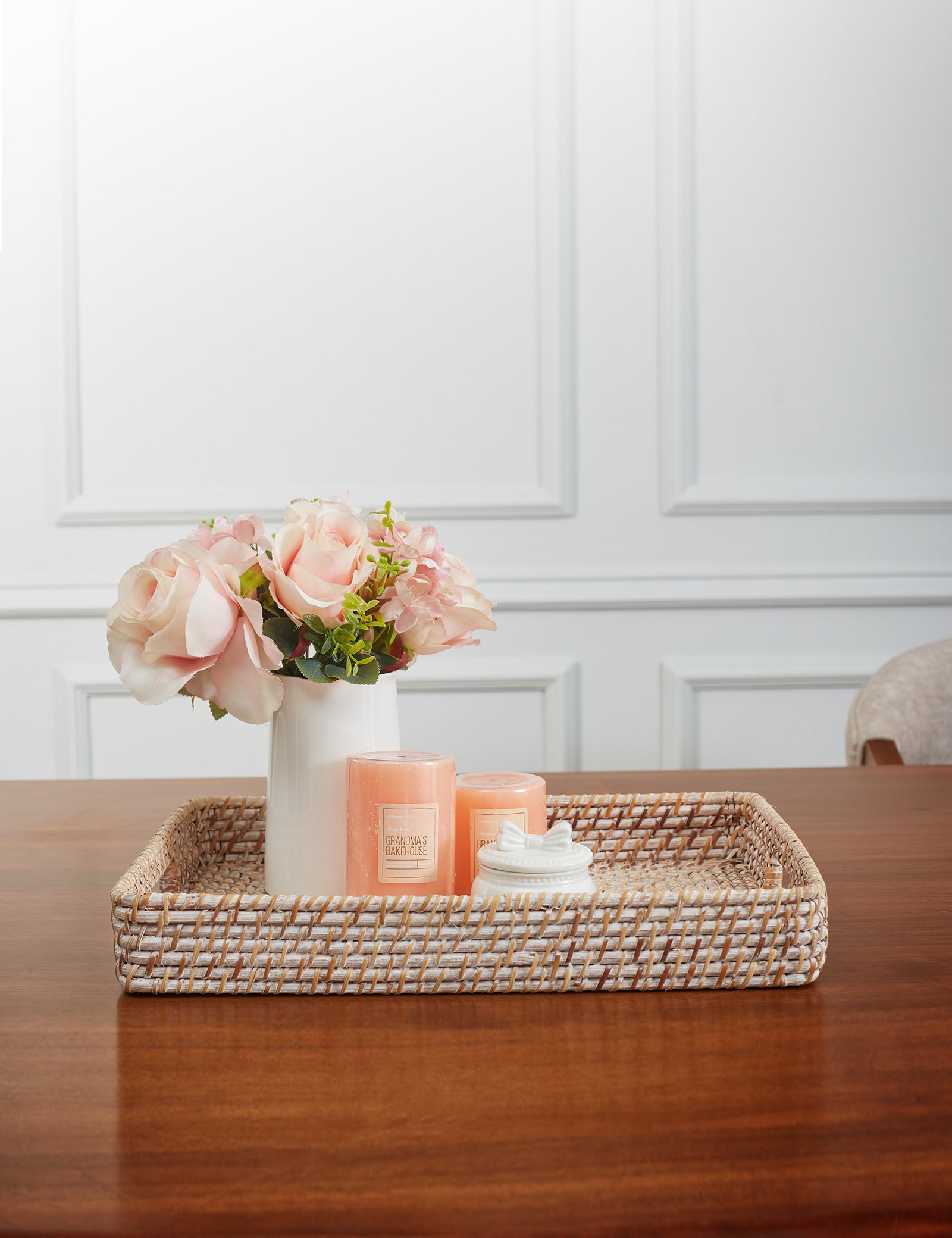 NATURALLYOURS Evora Rectangular White Wash Rattan Serving Tray 1Pcs, – L42×W32×H6 cm