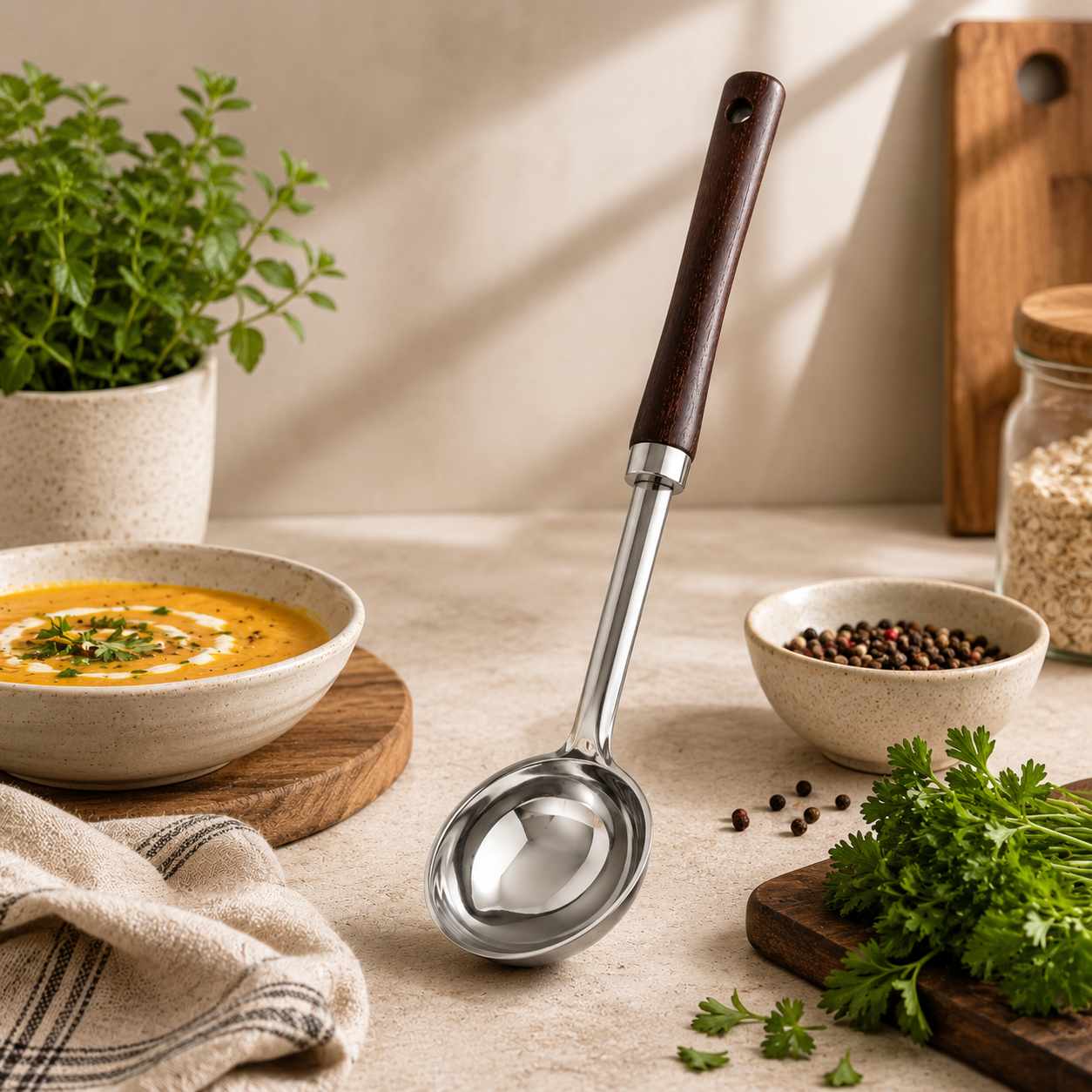 NATURALLYOURS DeepServe Stainless Steel Soup Ladle with Wooden Handle, 1 Pc